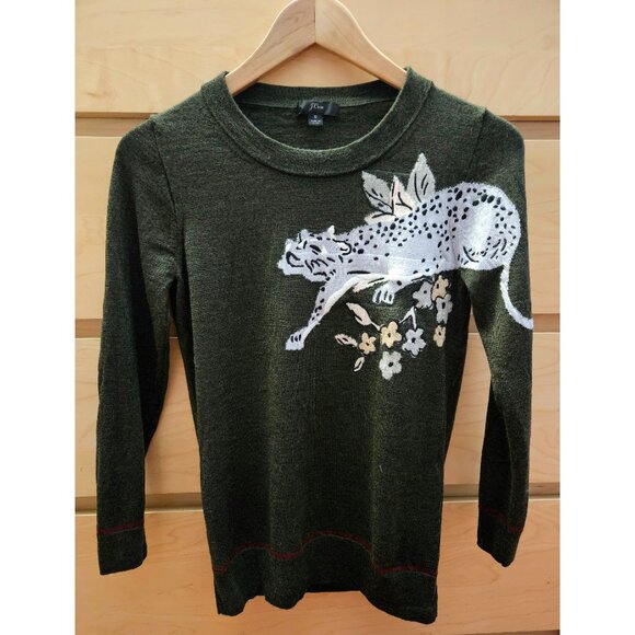 J.Crew Tippi Intarsia Green Cheetah Merino Wool Sweater Size Small - Picture 3 of 9
